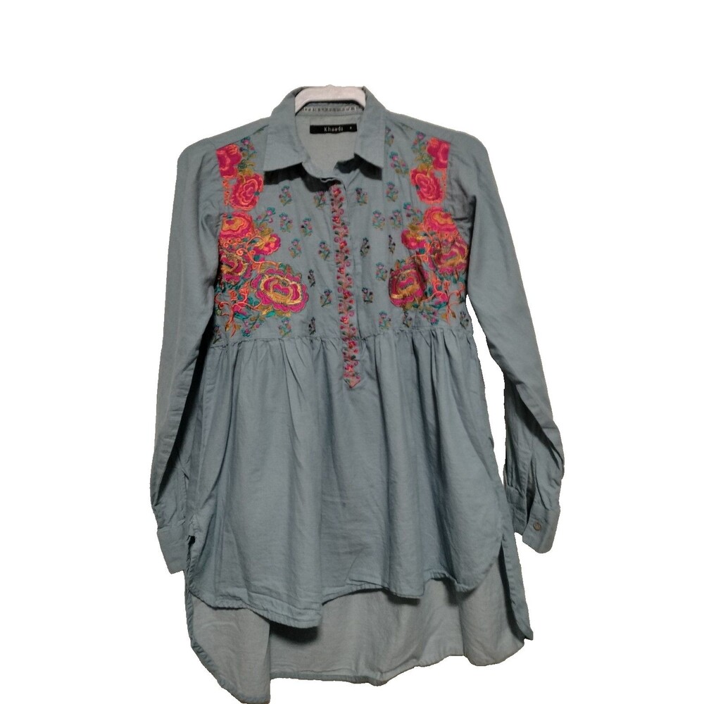 Embroidered Chambray Boho Button Shirt Multicolor Folk Floral Medium Peasant 8
